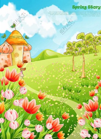 春天绿色鲜花梦幻城堡图片