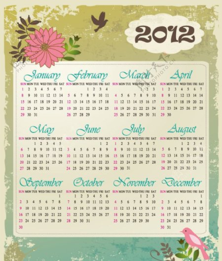 绿叶鲜花小鸟2012日历图片