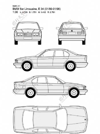 宝马5系BMW5erLimousineE3401890196汽车线稿图片
