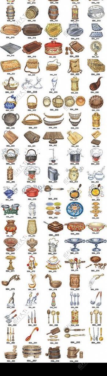 筐篮盆盘刀叉勺子等厨房用品AI矢量素材图片
