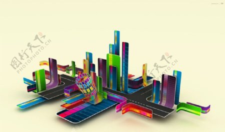 城市音乐色彩绚烂3D三维立体科幻广告电脑设计图片