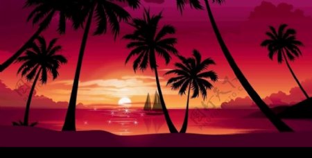 椰岛晚霞矢量背景图片