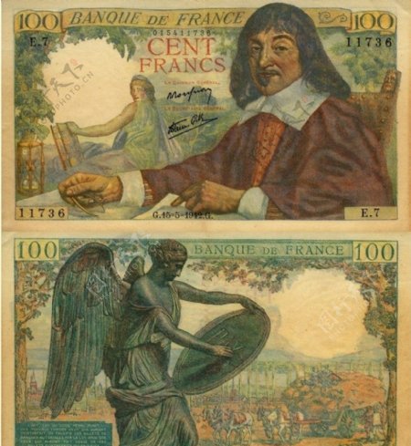 印有笛卡尔头像的法国纸币图片