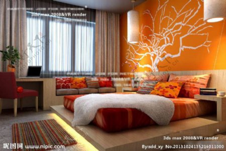橙色宾馆卧室效果图模图片