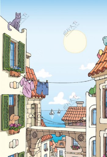 海边城市景观卡通图片