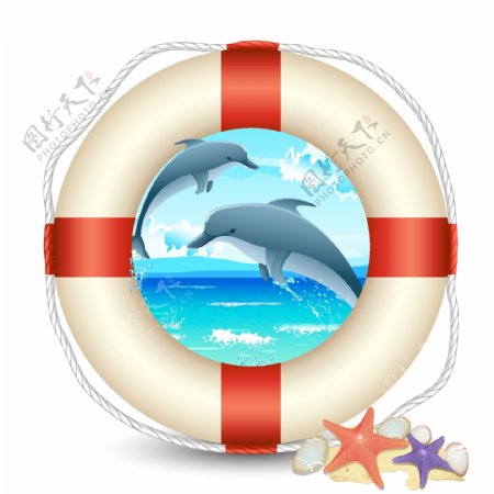 救生圈中的蓝天白云海洋海豚图片