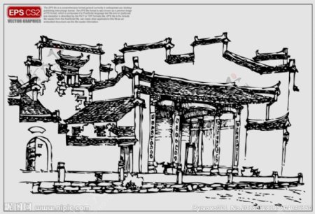 徽派建筑矢量描绘图片