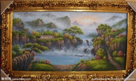 中式风景山水油画图片