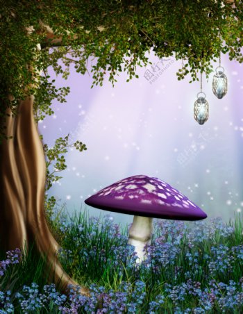 童话背景蘑菇大树图片