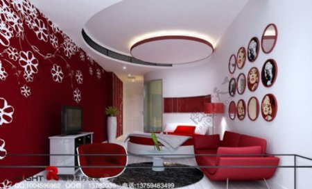 红白后现代卧室3dsmax2009室内模型vray带全部贴图图片