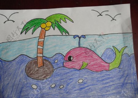 儿童绘画作品鲸鱼椰树大海图片