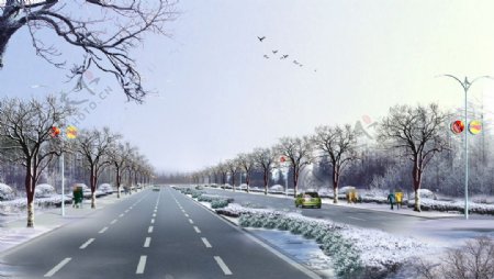 马路雪景景观图片