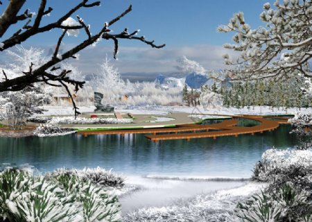 湖边雪景景观图片