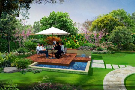 别墅花园亲水平台景观设计图片