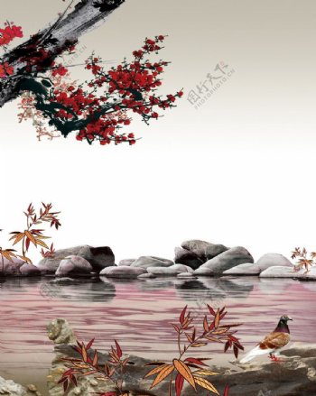 池塘梅花石头风景图片