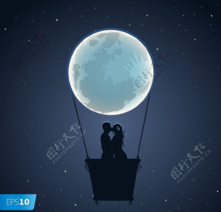 圆月夜热气球上亲吻的情侣图片
