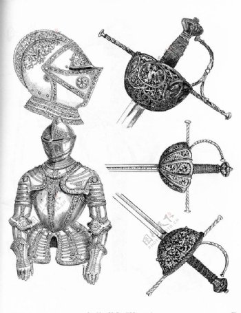 欧洲古代兵器盔甲剑柄纹图片