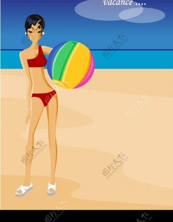 海滩上玩彩球的女性图片
