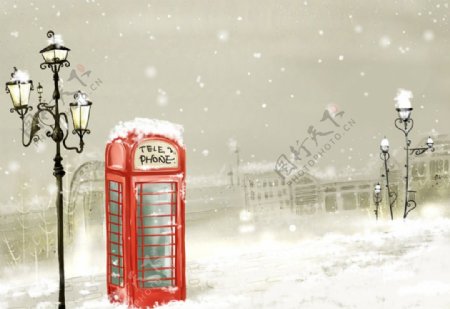 手绘梦幻城市雪景风景插画图片