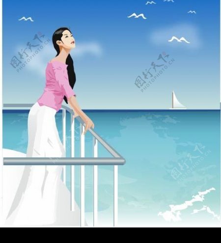 大海边凭栏远眺的美丽女孩图片
