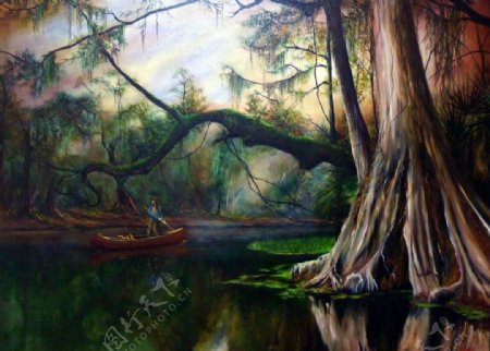 树木湖水油画图片
