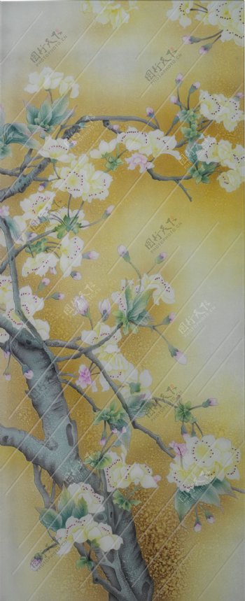 工笔梨花带雨艺术玻璃图片