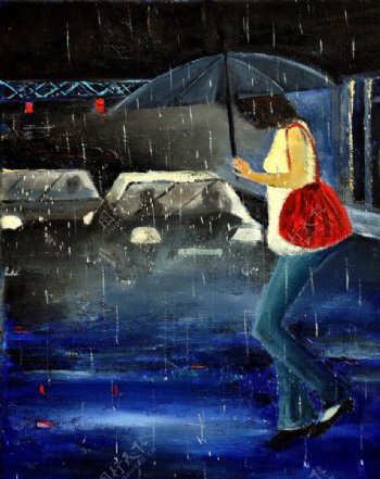 油画雨夜女人图片