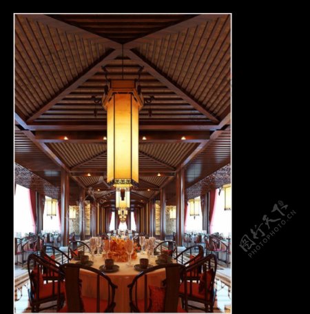 餐厅六角羊皮木艺中式吊灯图片