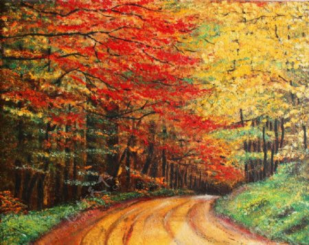 秋天树林道路油画图片