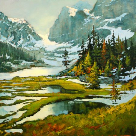油画雪山河流图片