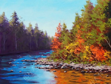 油画蜿蜒的河流图片