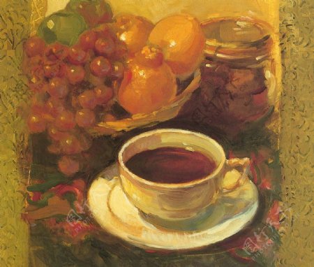油画桌上的红茶水果图片