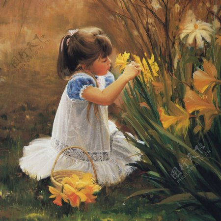 坐着草地上摘花的女孩油画图片