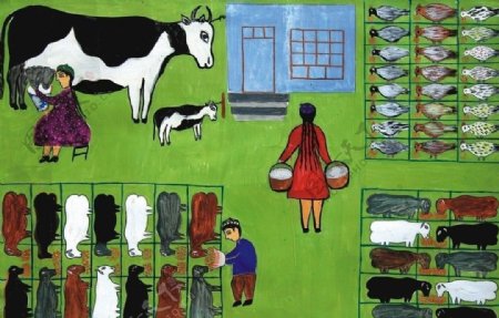 农民画我们家的牛羊图片