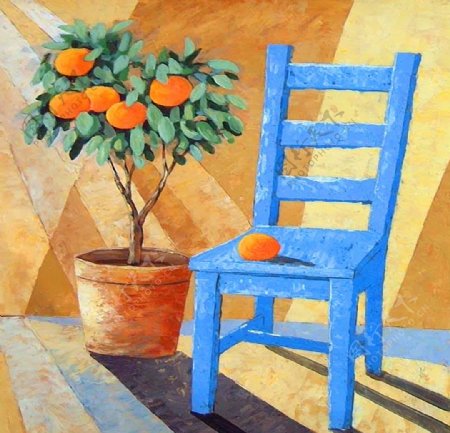 油画无框画装饰画椅子和一盆果树图片