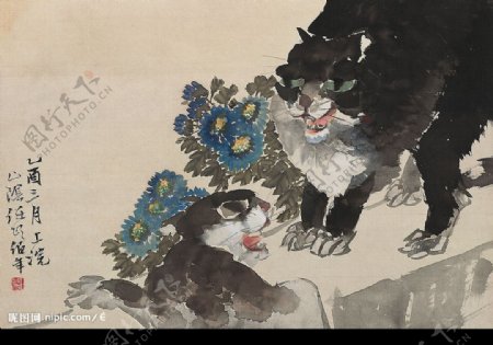 近现代任伯年花丛双猫中国美术馆图片