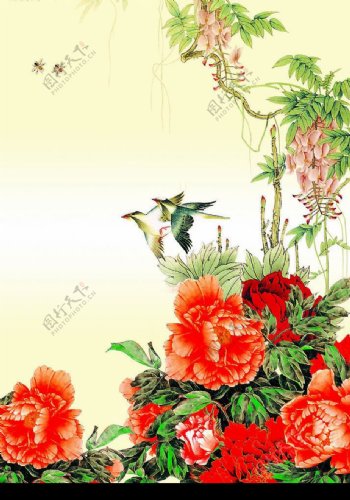 鸟牡丹花艺术花树图片