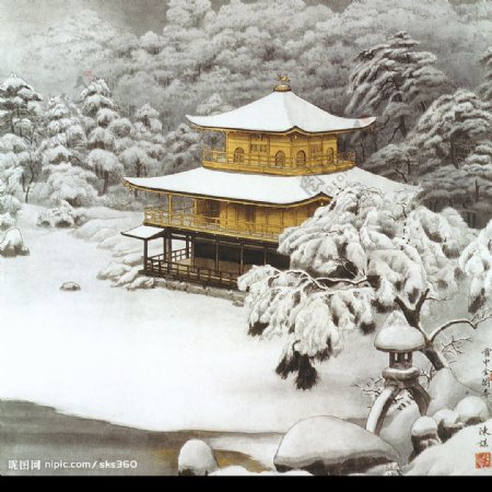 雪中金阁寺图图片