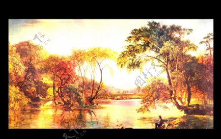 世界名画油画名画画树林小河图片