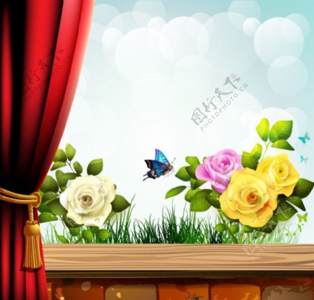 窗户外的梦幻花纹花朵蝴蝶玫瑰图片