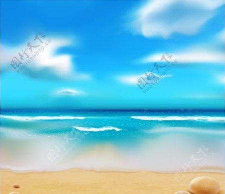 蓝天白云夏日沙滩风景图片