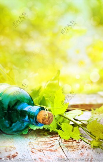 葡萄酒瓶与叶子图片