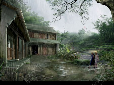 古建桃园雨景图片