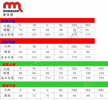 麦锐思尺码对照表图片