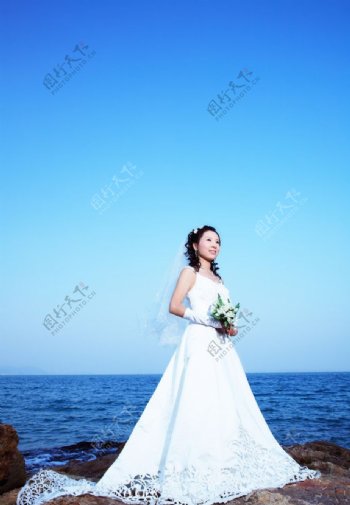 大海边手捧鲜花的新娘图片