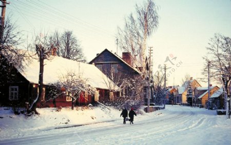 村庄早晨雪景图片
