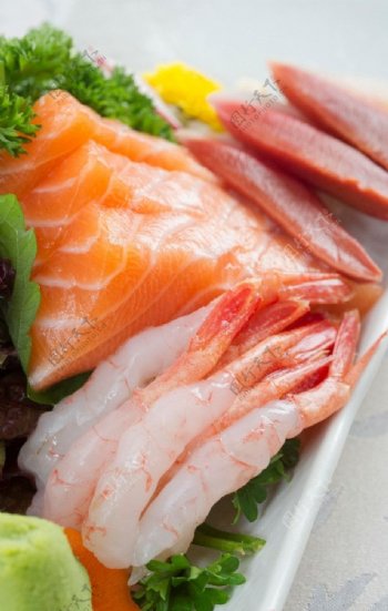 日本餐刺身鲑鱼虾图片