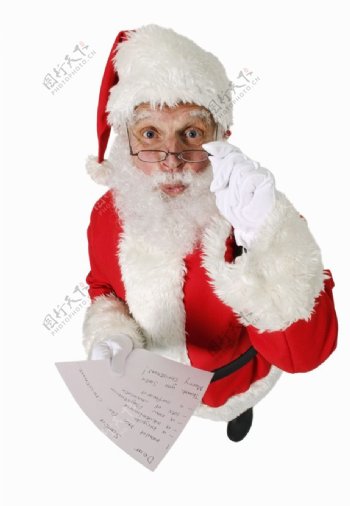 摘眼镜看信的滑稽圣诞老人图片