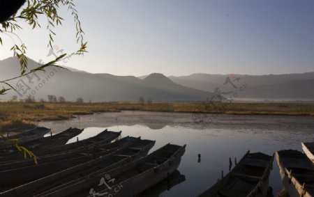 泸沽湖停靠在码头的猪槽船图片