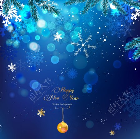 蓝色圣诞节雪花圣诞球背景图片